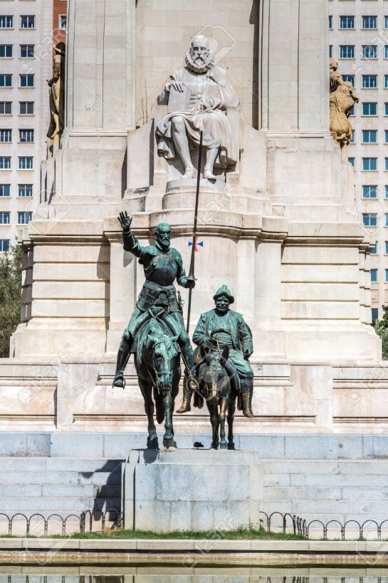 Statues of Don Quixote and Sancho Panza at the Plaza de Espana in Madrid, Spain